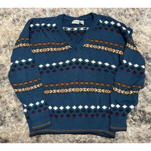 Boundary Waters Blue Knit V Neck Sweater Size XL Geometric Stripes